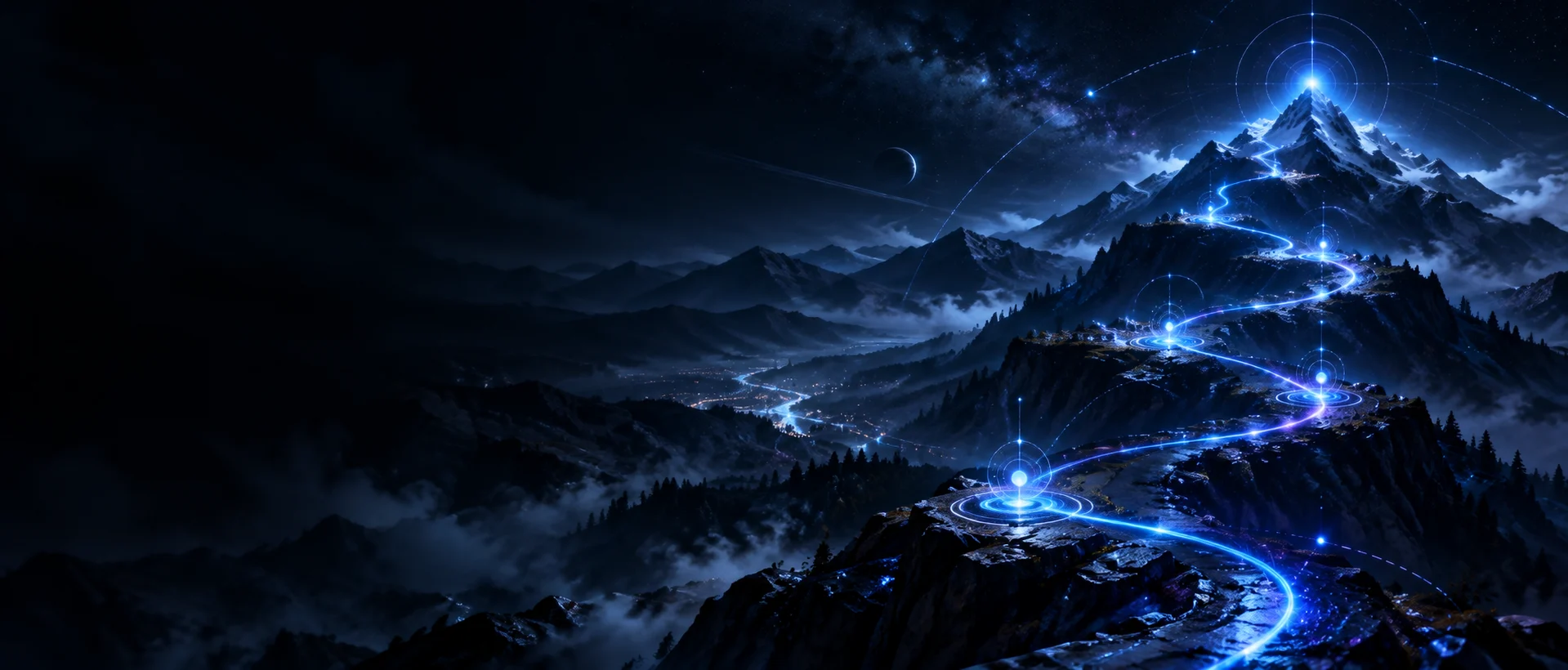 A luminous defensive learning route through a cyber landscape
